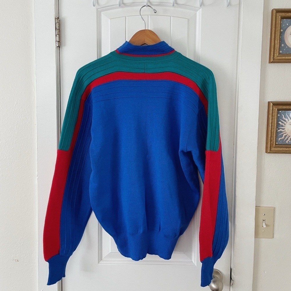 Vintage Colorblock Meister Sweater Blue/Green/Red 1/4 Zip Mock Collar Size L - Picture 5 of 6